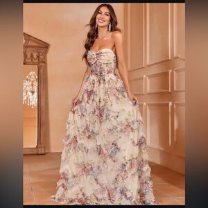 Faeriesty Ruched Bustier Ruffle Trim Hem floral print tube dress